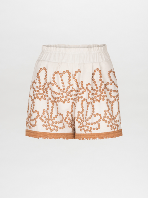 High waisted Giorgio shorts with embroidered details in white and tan.