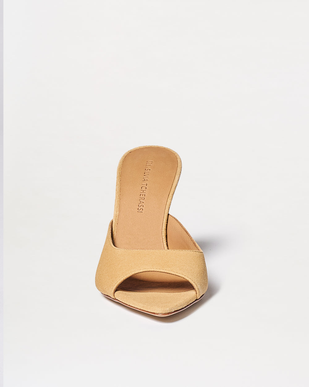 The Perni Heels are tan open-toe mule sandals featuring a wide strap and square toe, shown against a plain white background.