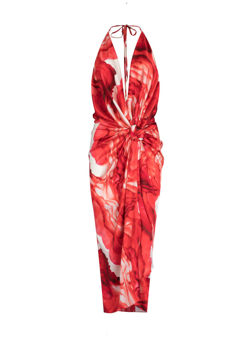 A Guadalupe Dress Multi Abstract Rouge with a halter neckline and a twisted front design, displayed on a white background.