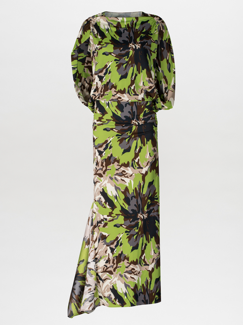 Harriet Dress: A midi dress showcasing an abstract multicolor print with striking green, black, and beige floral patterns, featuring a gathered waist detail and crafted from jersey fabric, presented on a plain white background.