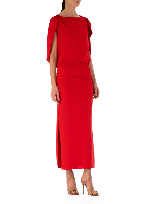 Harriet Dress Rouge evening dress with draped boat neckline, elbow-length sleeves, and a fitted waist on a white background.