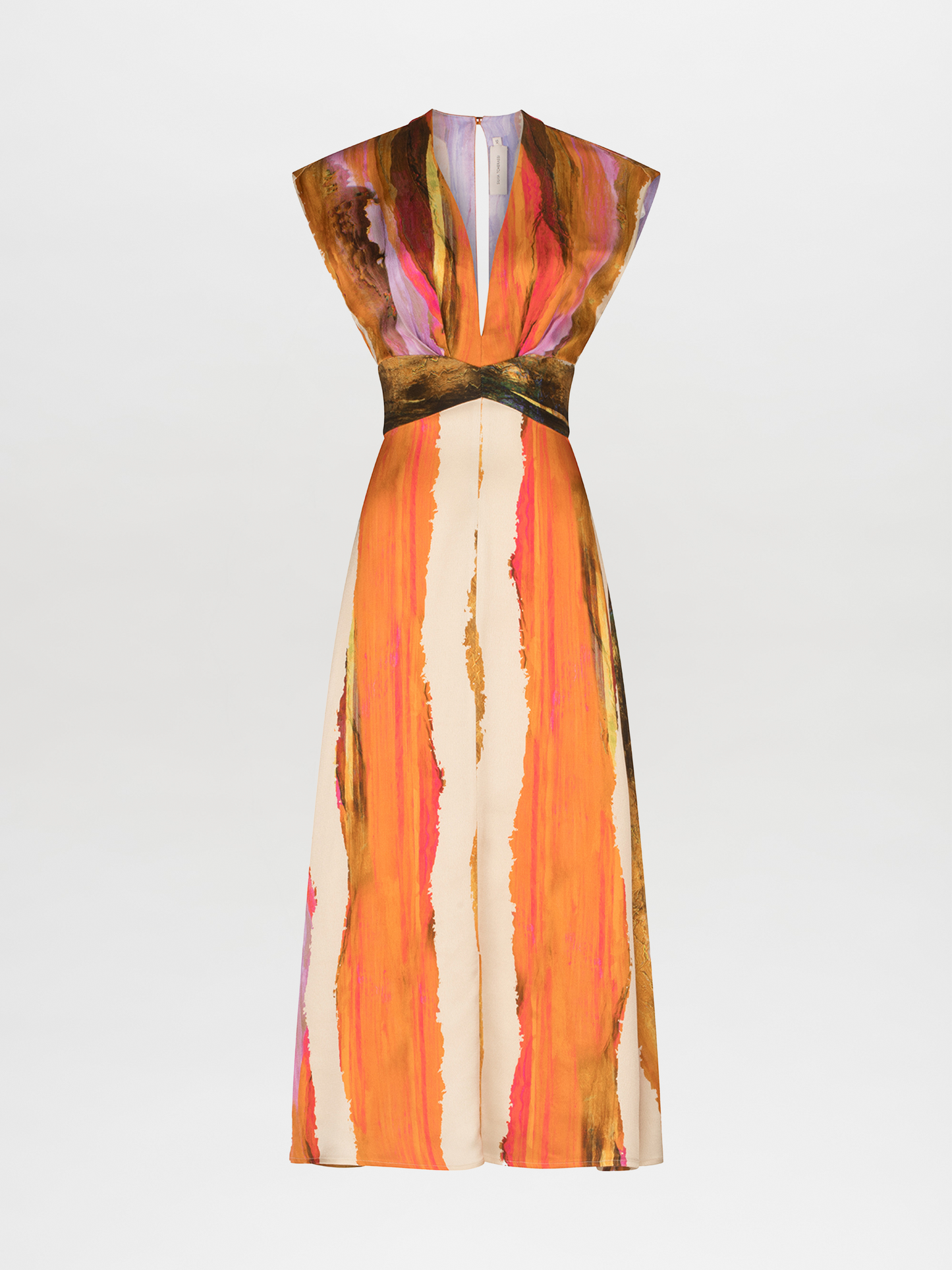 A Ivanova Dress Orange Orchid Abstract Stripes displayed on a mannequin with a V neckline.