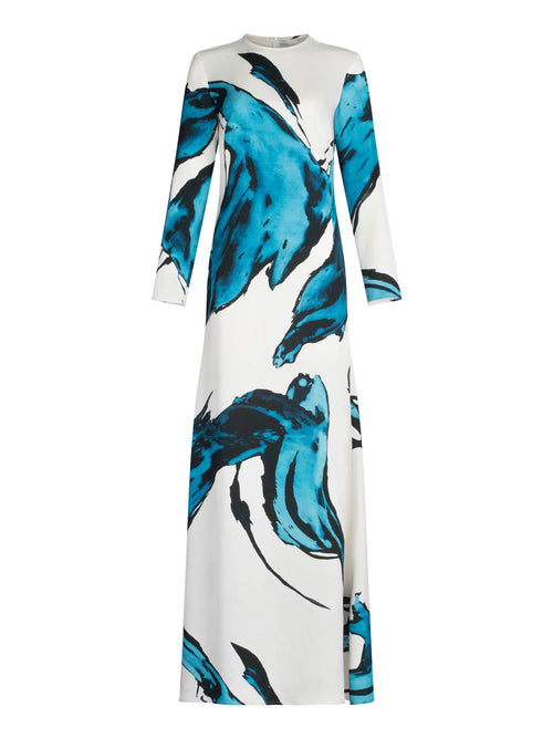 A Ida Dress Multi Abstract Waves with large blue abstract patterns, displayed on a plain background.