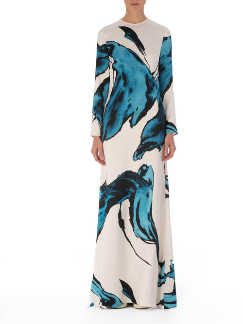 A Ida Dress Multi Abstract Waves with large blue abstract patterns, displayed on a plain background.