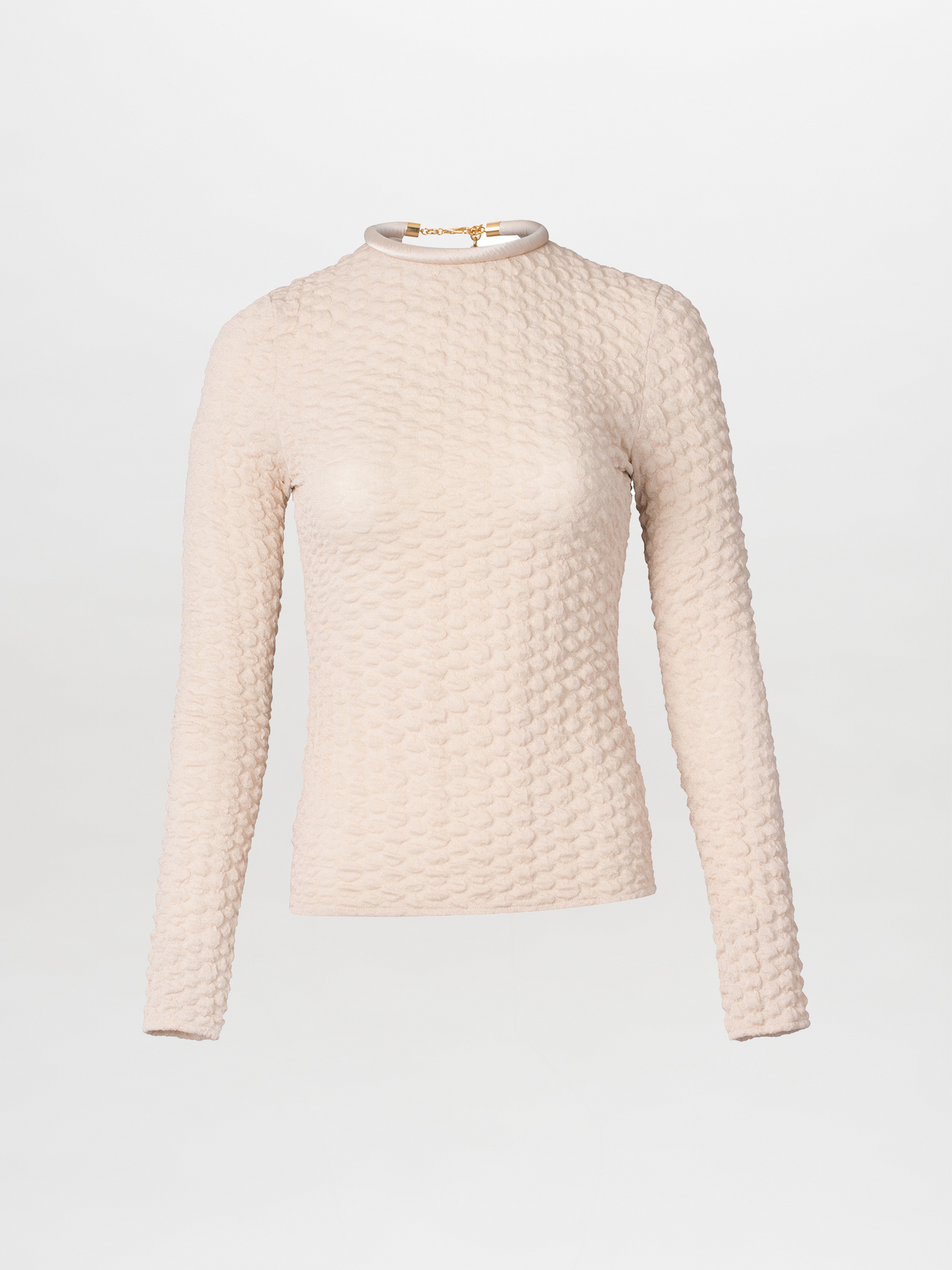 Cream-colored Jari Top featuring a fitted design, long sleeves, and a mock neck with textured knit-like fabric set against a white background.