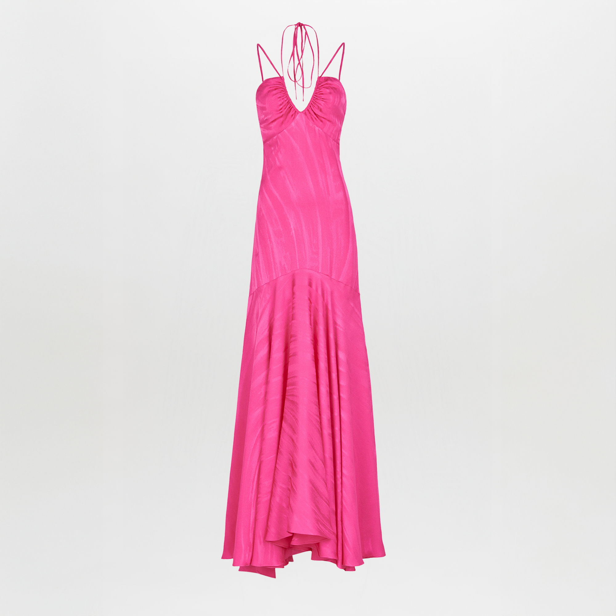 The Jacinta Dress Fuchsia is a floor-length satin gown with thin spaghetti straps, a halter v-neckline, and an elegant flared skirt, displayed against a plain white background.