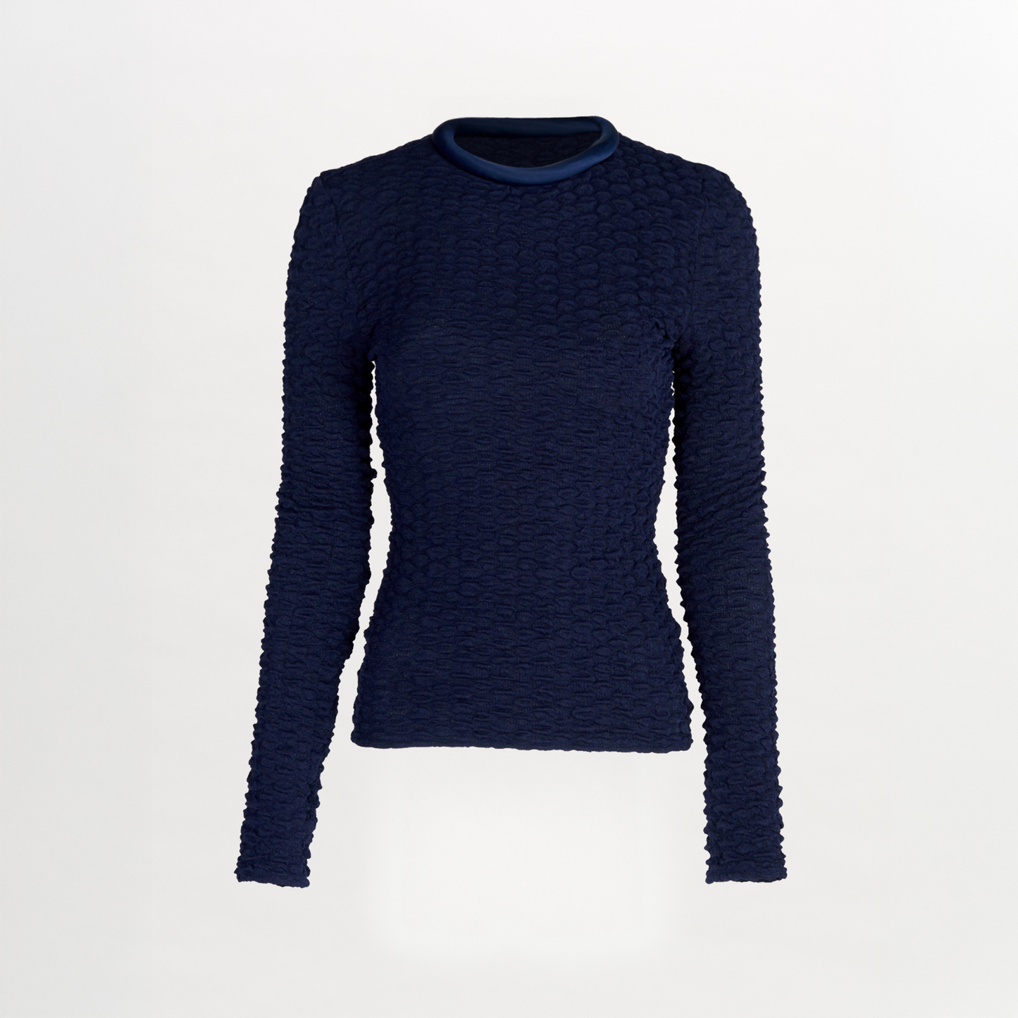 A women's long-sleeved Jari Top Navy, crafted from jacquard fabric, making it a versatile piece for Resort 2024.
