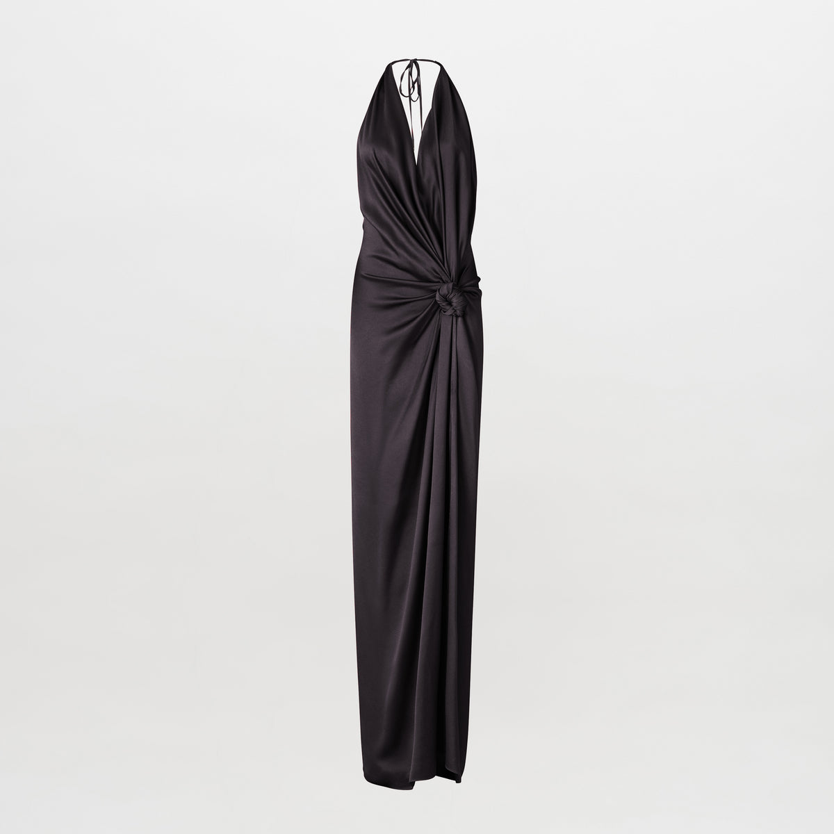 Jazmin Dress in black silk, featuring a halter neckline and a gathered knot detail at the waist.