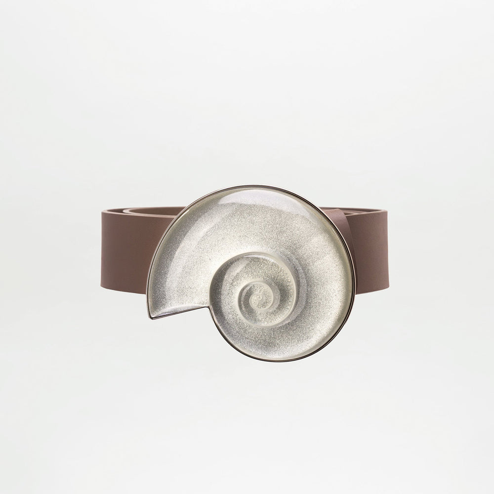 Belt with a silver spiral design on a white background