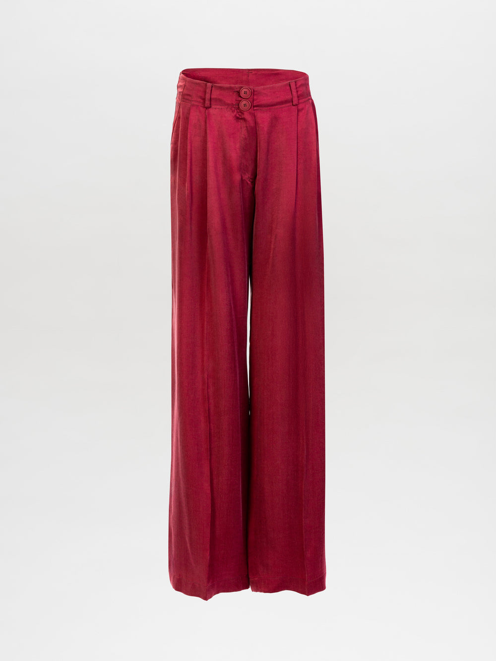 The Opal Pant is a high-waisted, wide-leg red trouser made from premium Italian fabric with front pleats, belt loops, and a double-button closure, shown on a plain white background.