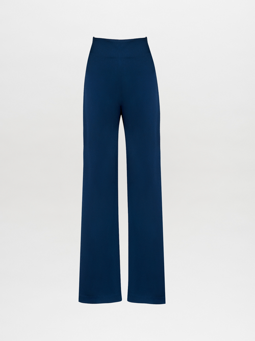 Palermo Pant Navy, featuring a high-waisted design and wide-leg silhouette, elegantly displayed on a plain white background.