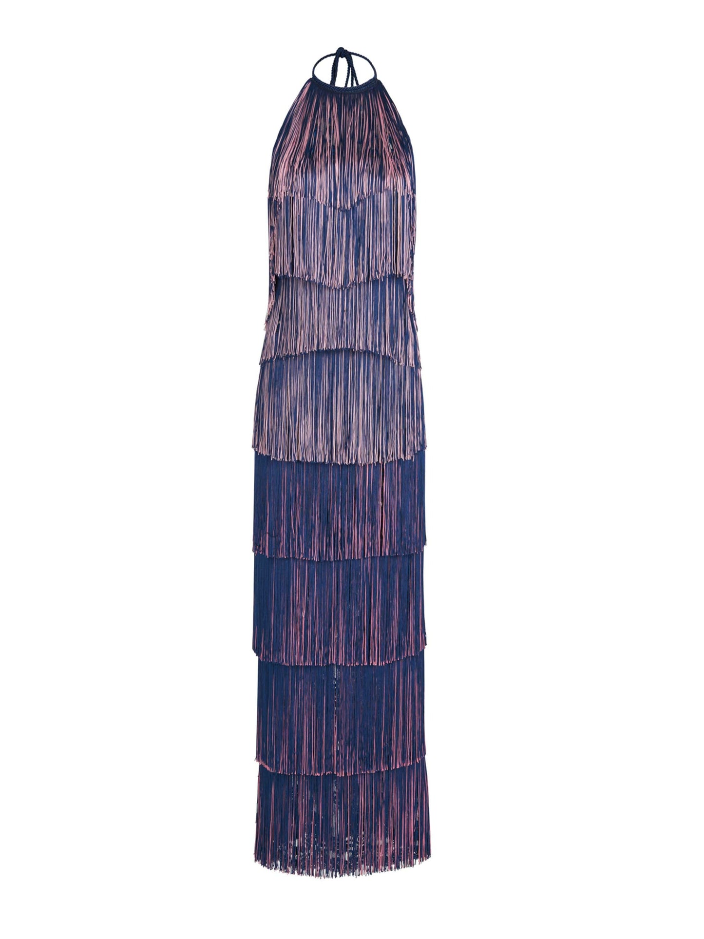 A floor-grazing fringed Paris Dress Navy with a touch of glamour in blue and pink hues.