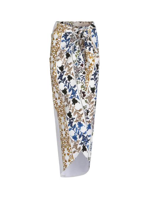 Patmos Pareo Skirt Multi Sepia Floral with a bow tie at the front, isolated on a white background.