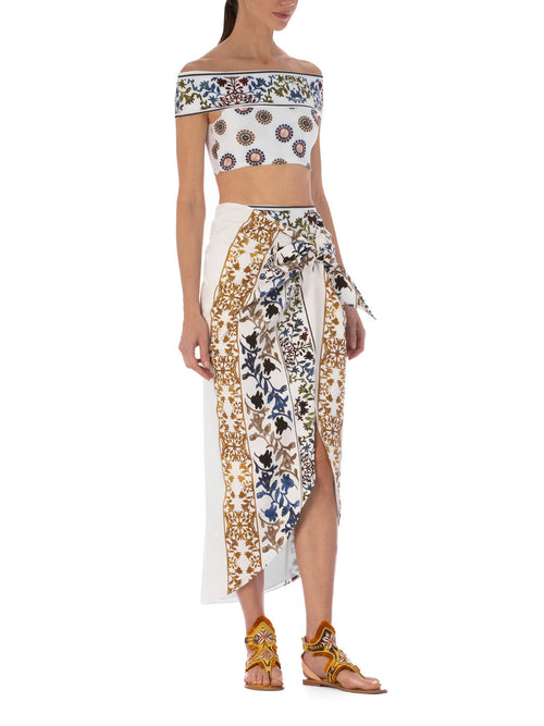 Patmos Pareo Skirt Multi Sepia Floral with a bow tie at the front, isolated on a white background.