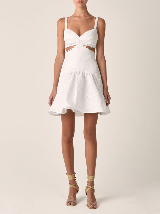 Thalia Dress White with thin straps and scalloped detailing on the bra top, isolated on a white background.