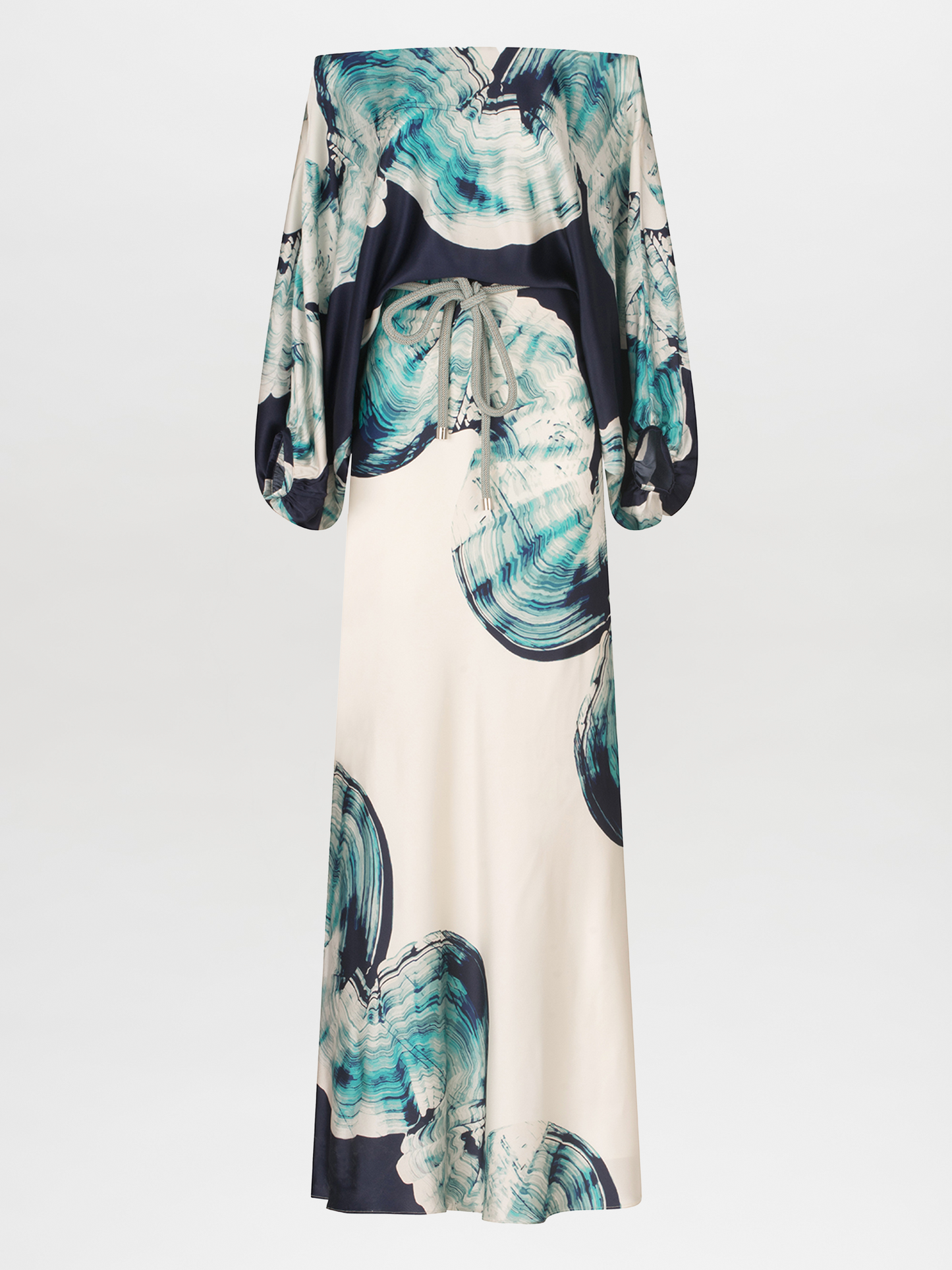 An elegant off-the-shoulder Rossi Dress Navy Abstract Wave featuring a blue and white abstract print on silk fabric.