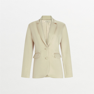The Rebeca Jacket is a beige fitted blazer made from fine Italian fabric, featuring long sleeves, a notched lapel collar, two front flap pockets, and a two-button closure, shown against a plain white background.