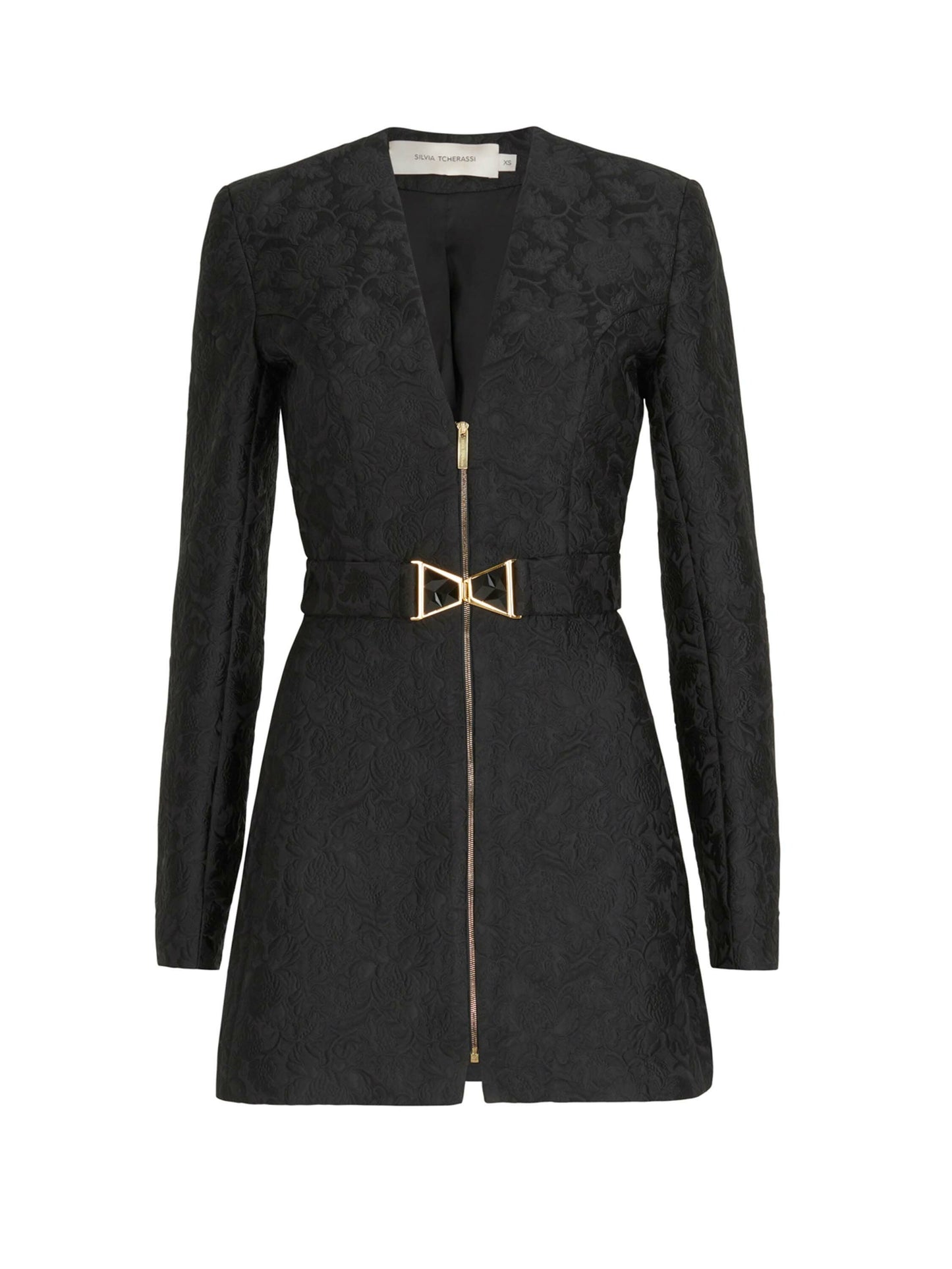 A Romana Dress Black with golden buckles.