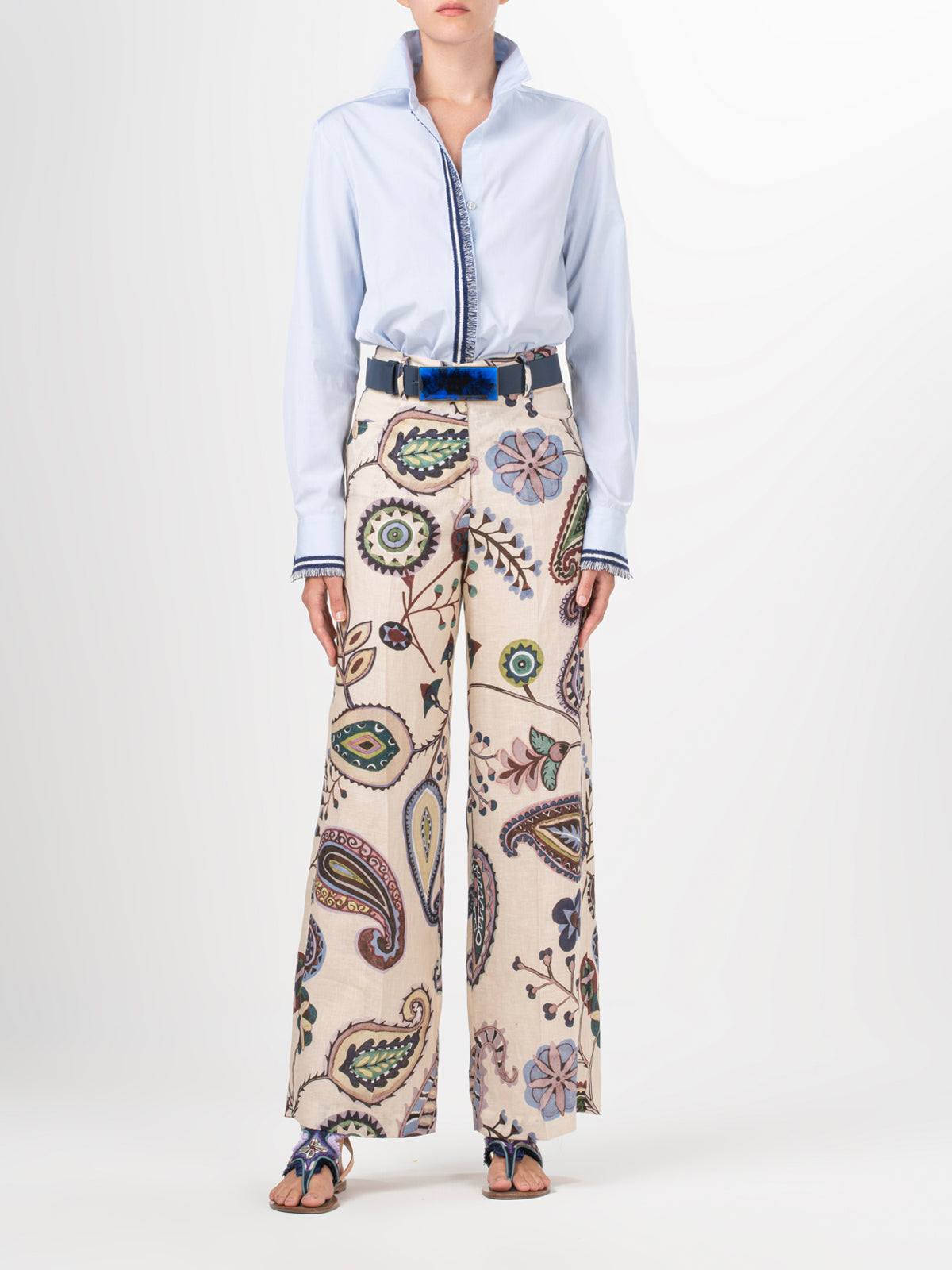 Emine Pant Blue Green Paisley with an abstract paisley print and a lightweight drape.