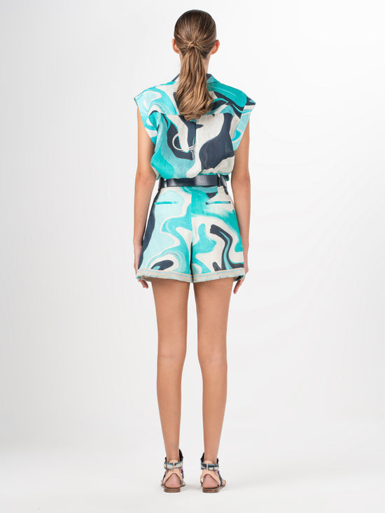 Arnit Short Turquoise Marble with a blue and white abstract print.