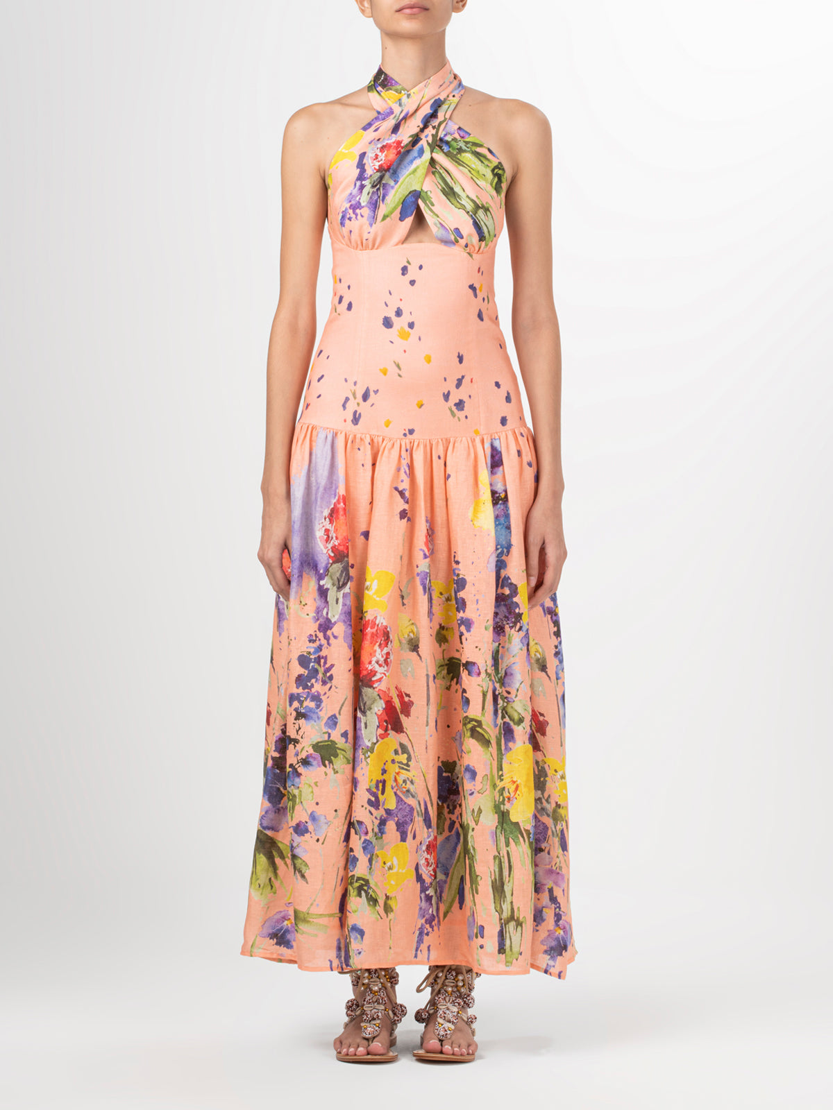 A Zaira Dress Apricot Spring Garden with a multicolor floral print.