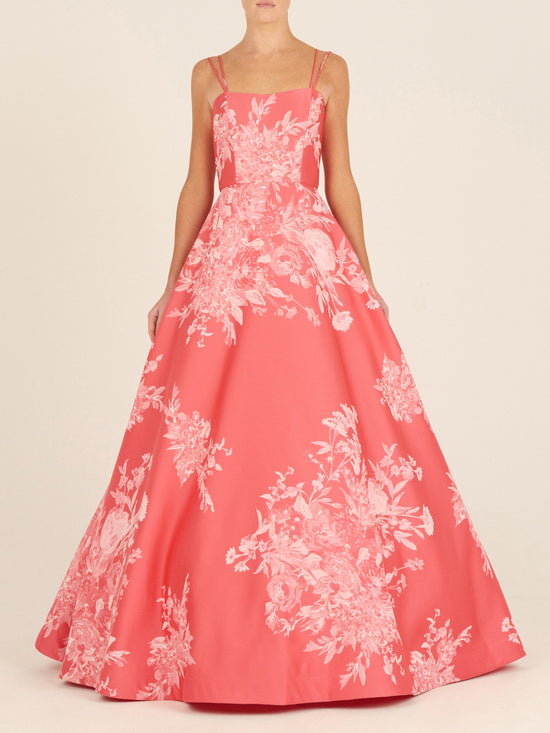 Strapless salmon Julene dress with white floral embroidery design.