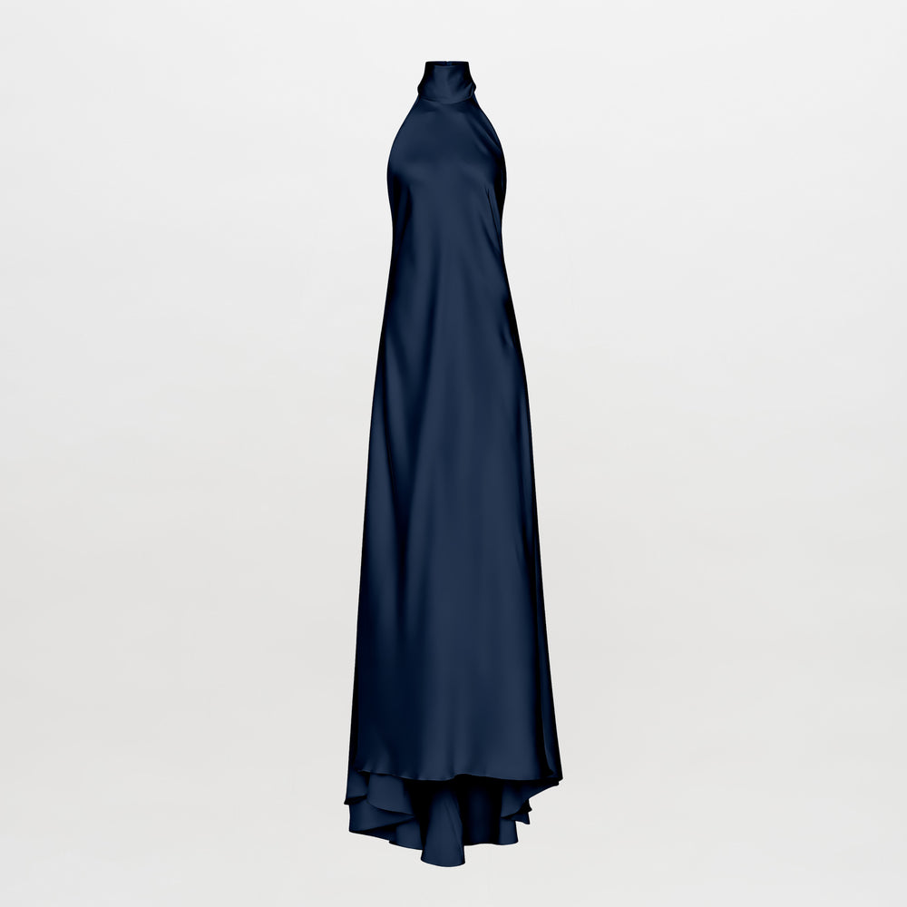 A sleeveless, high-neck, floor-length navy blue dress with a draped, ruffled hem, displayed on a ghost mannequin against a light gray background.