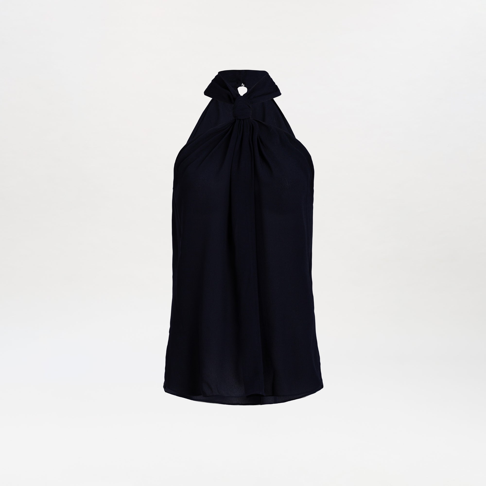 Black sleeveless Teagan Blouse featuring a halter neck with a gathered neckline and a small keyhole cutout beneath the collar, displayed on a white background.