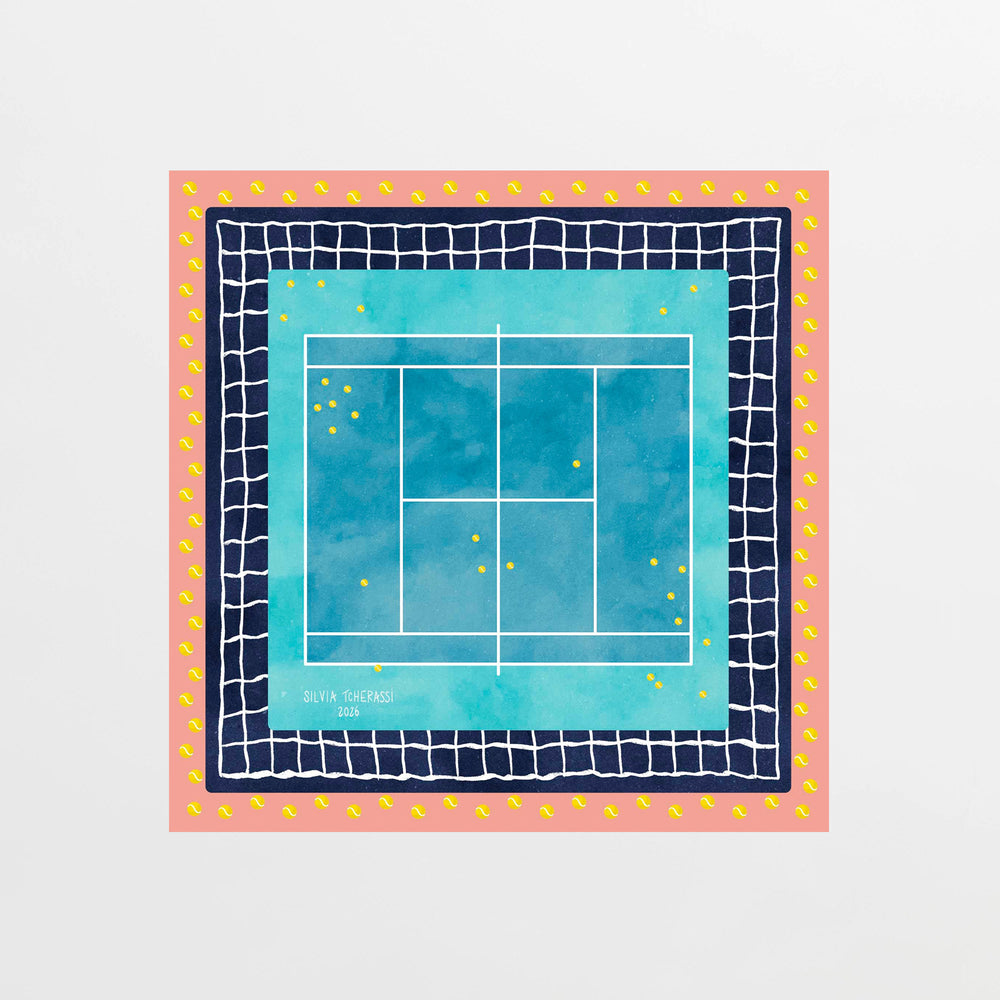 The Tennis Scarf features a colorful abstract tennis court with a blue center, navy net-like pattern, and pink border decorated with yellow tennis balls. Small yellow dots are scattered across the court area for added detail.