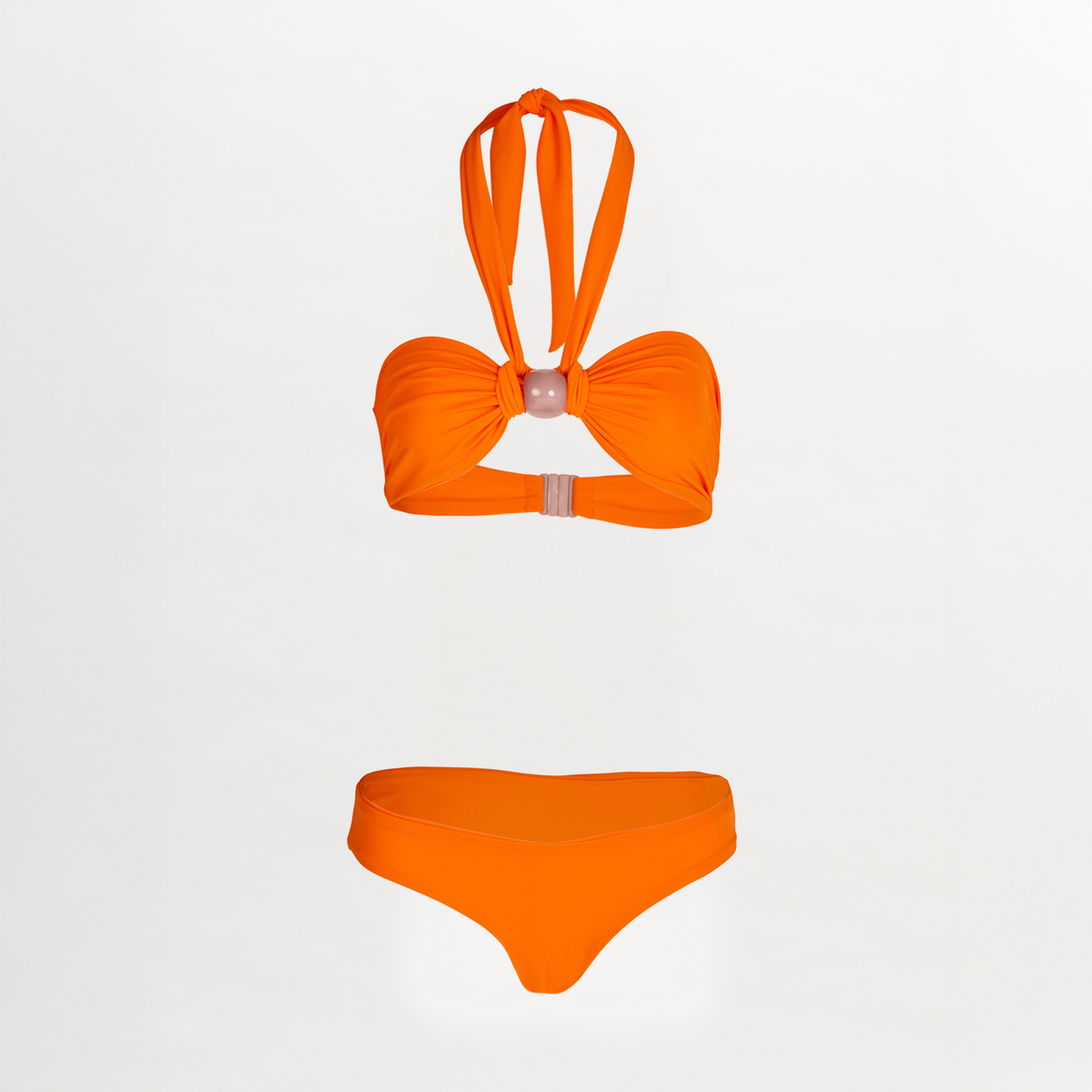 A Valderice Bikini Top + Fermina Bikini Bottom Orange set featuring halter top and seamless bottom, set against a white background.