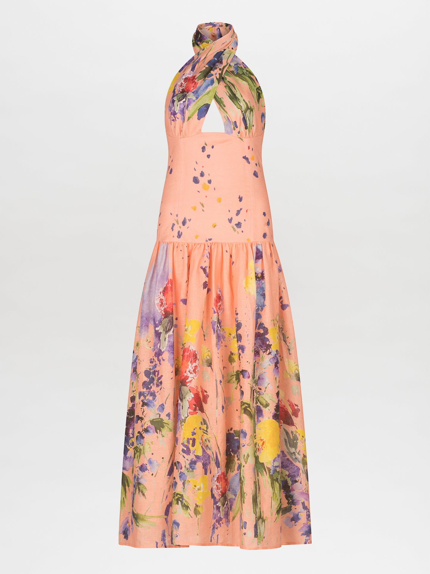 A Zaira Dress Apricot Spring Garden with a multicolor floral print.