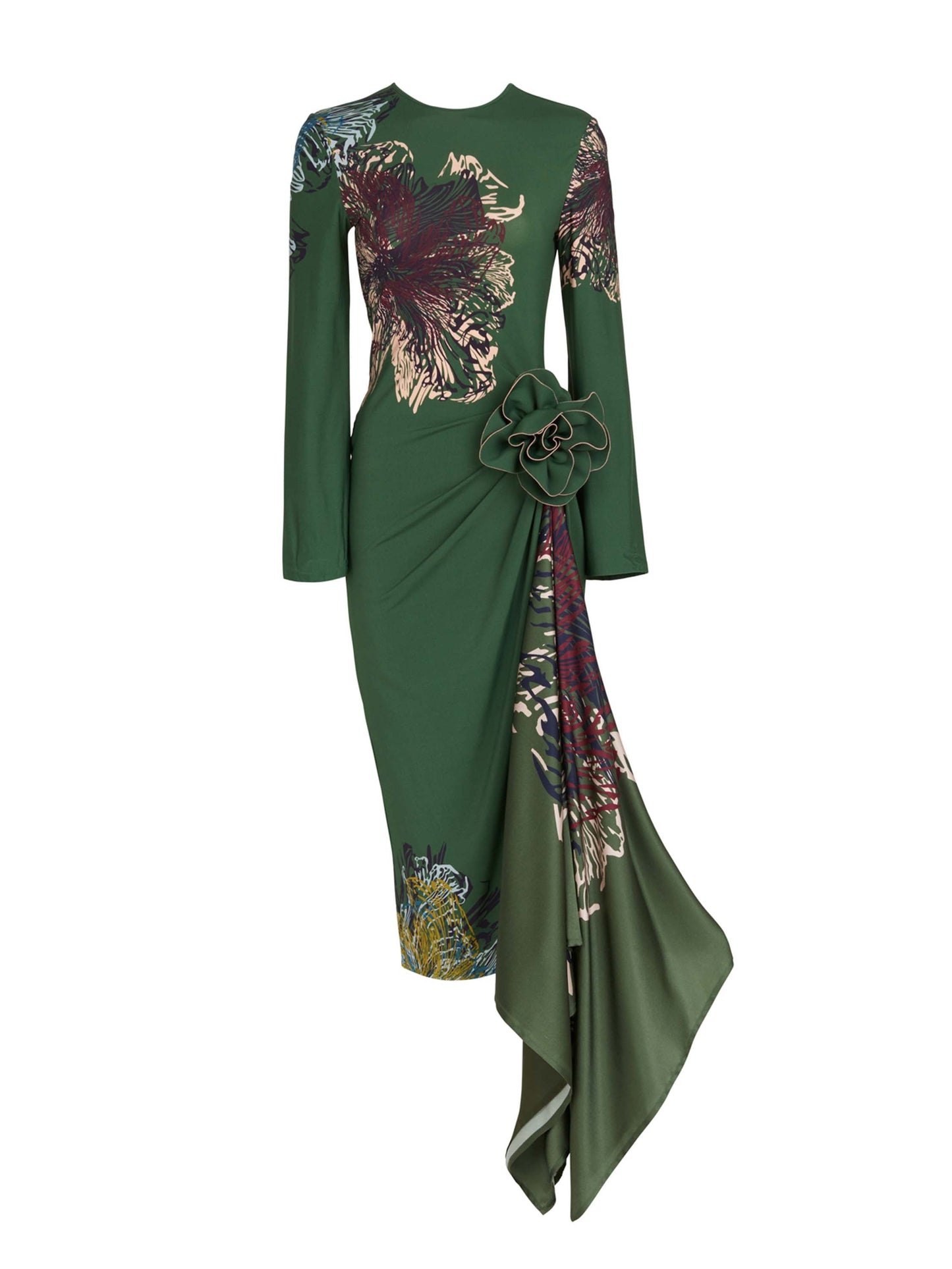 Ananya Dress Green Floral long-sleeve dress with an asymmetric hem, featuring a fabric flower embellishment on the side.