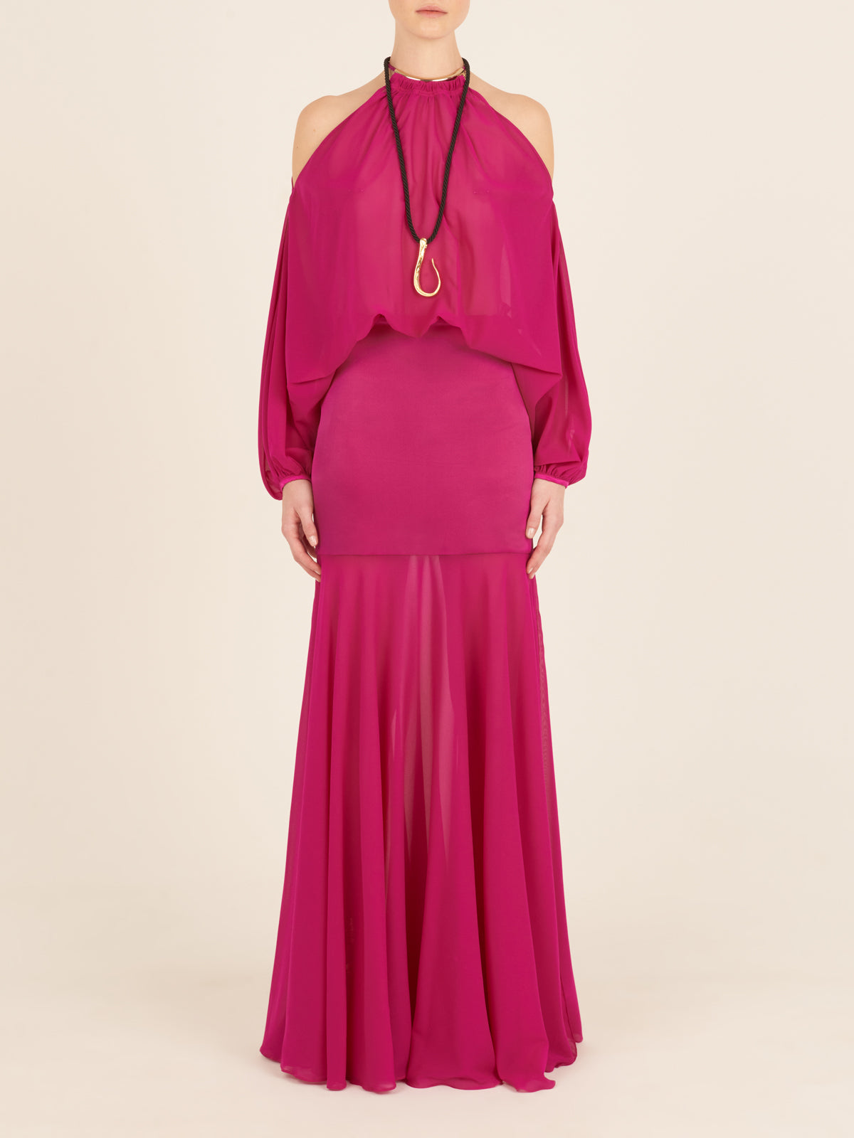 Isadora Dress Fuchsia with sheer long sleeves and a high neck, displayed on a white background.