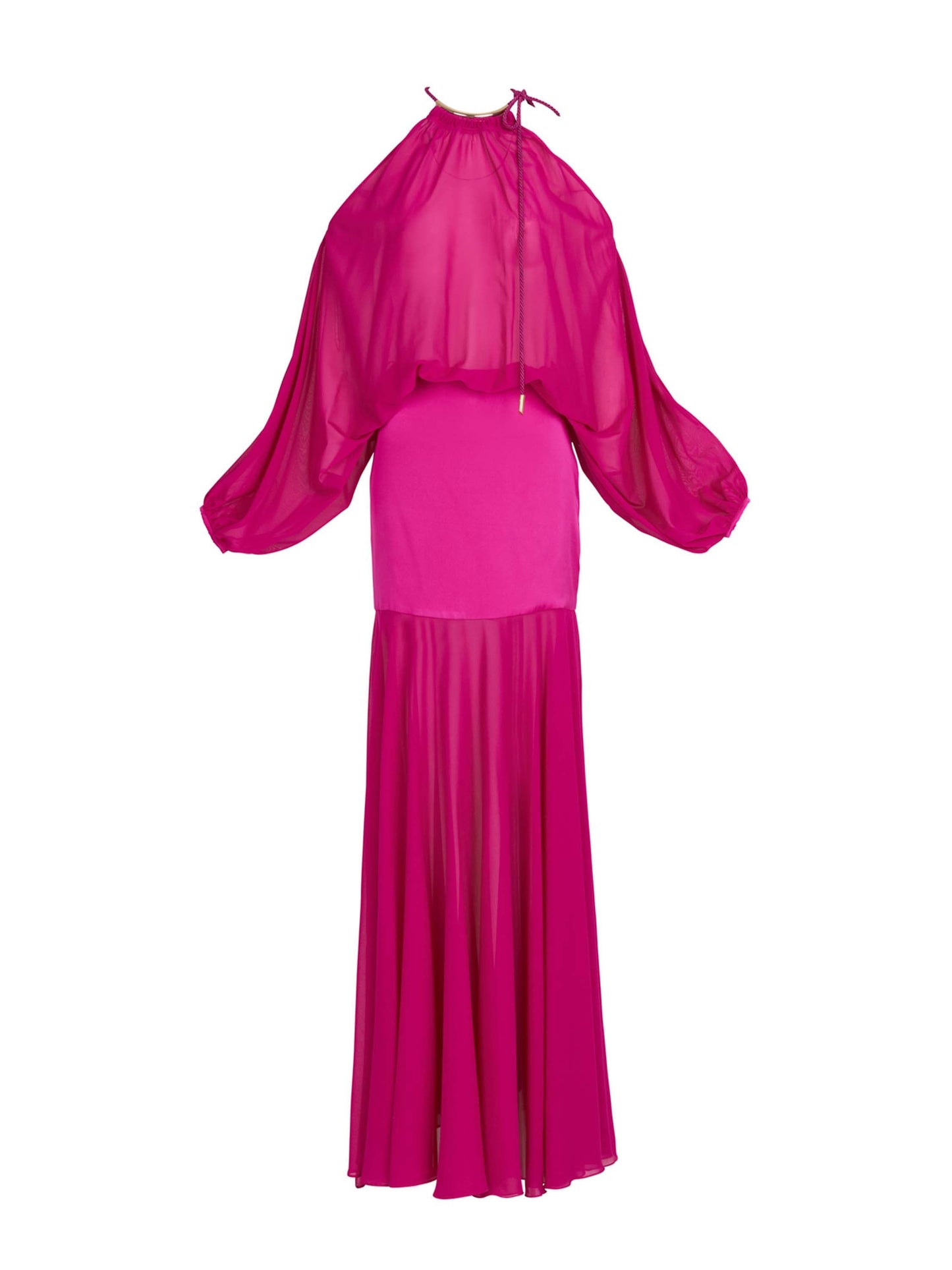 Isadora Dress Fuchsia with sheer long sleeves and a high neck, displayed on a white background.
