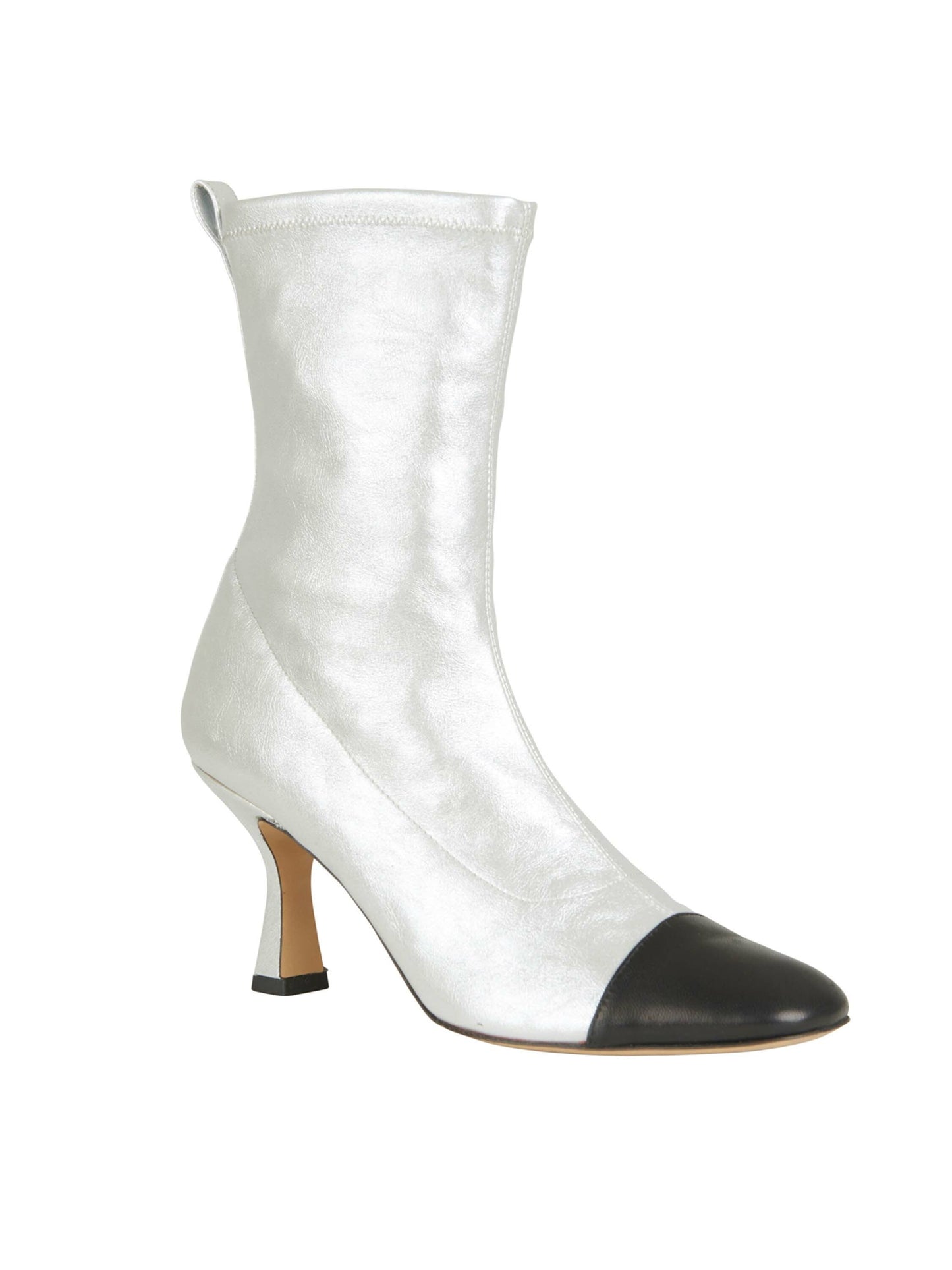 White satin mid-calf Jelena Heel Boots Silver-Black with a black cap-toe and a small, curved heel, crafted from stretchy leather, isolated on a white background.