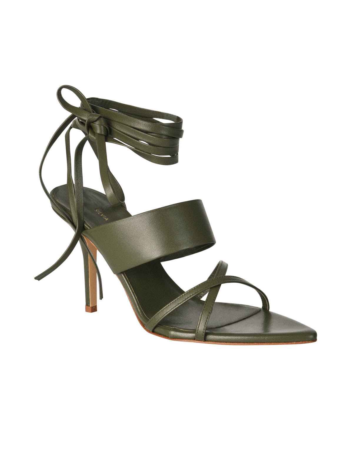 A pair of Olive Jimena Heels Olive from the Silvia Tcherassi collection, featuring ties around the ankle.