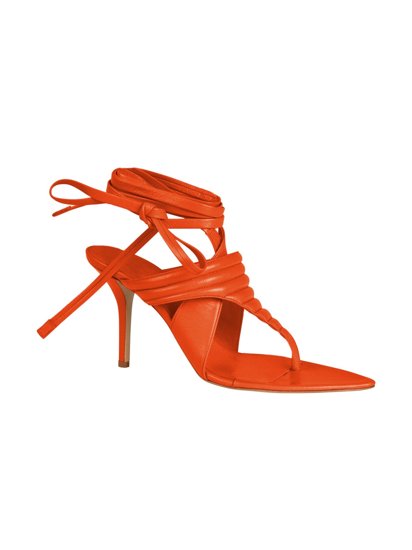 Dalila Heels Orange high-heeled sandal with strappy, wrap-around ankle ties against a white background.