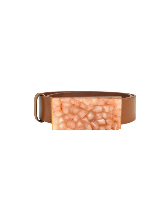 A Dora Belt Tan with a brown stone on it.