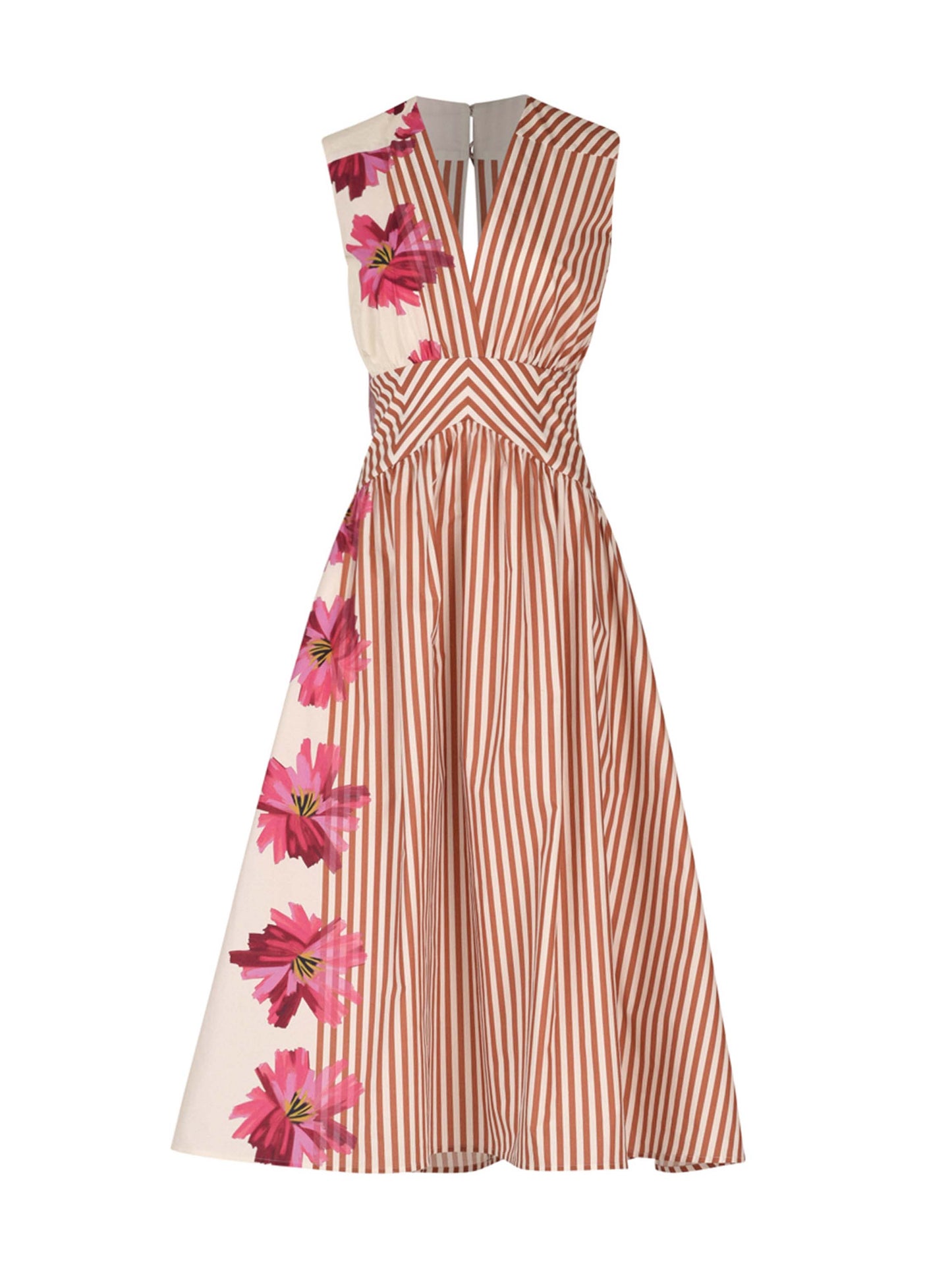 A Jocelyn Dress Magenta Floral Brushstroke Stripes with a v-neckline, featuring vertical red stripes and scattered pink floral designs, displayed on a hanger against a white background.