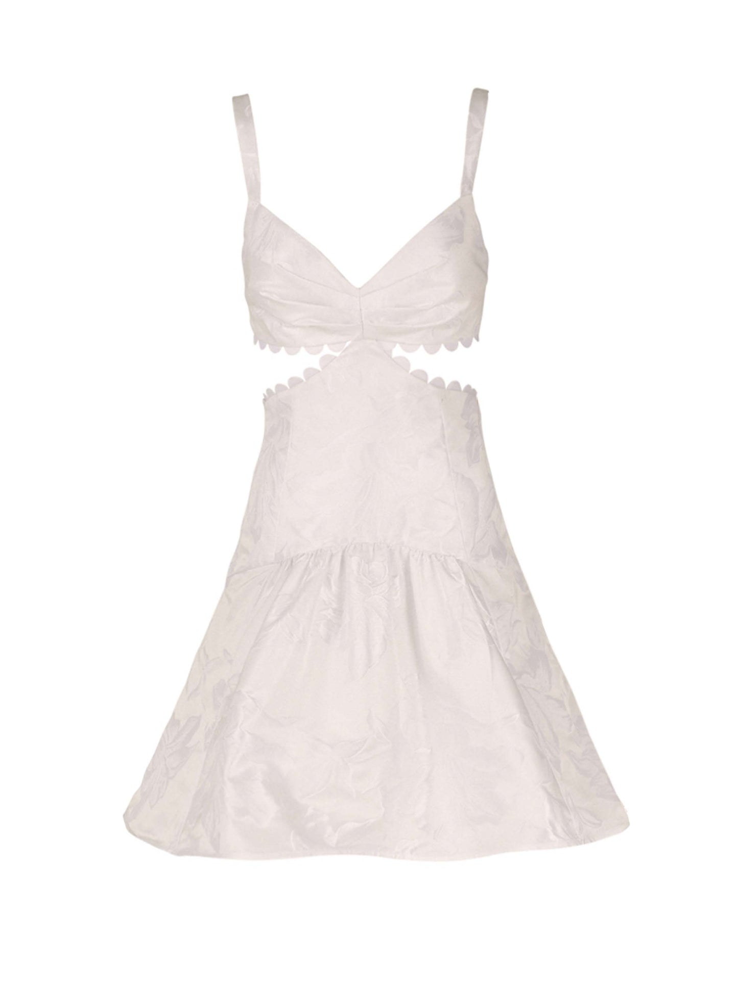 Thalia Dress White with thin straps and scalloped detailing on the bra top, isolated on a white background.