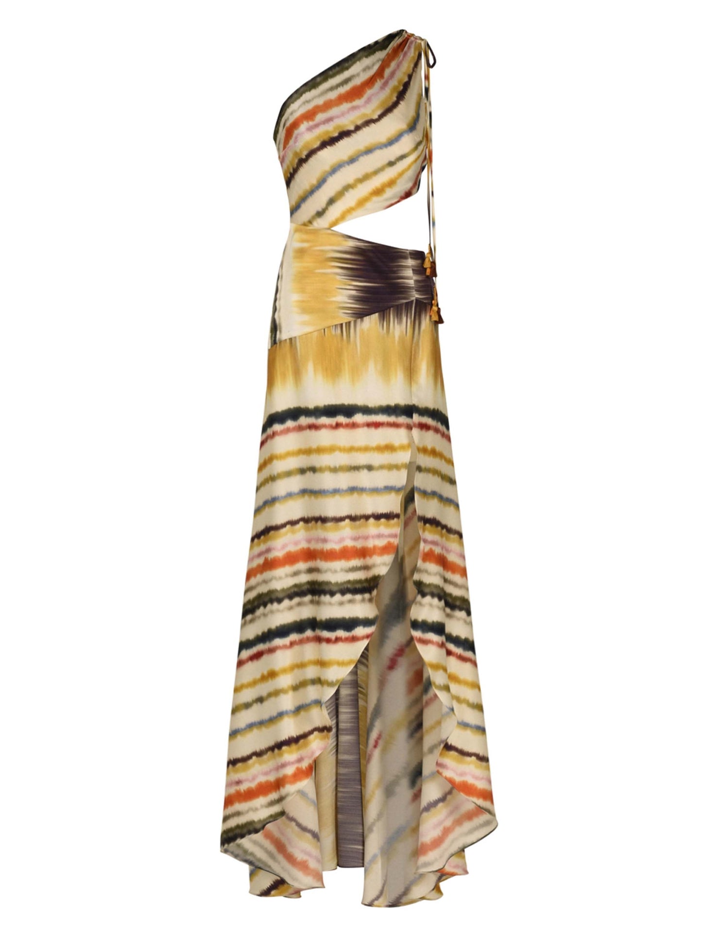 One-shoulder, asymmetric Whitney Dress Multi Hazy Stripe with a silk print and a cinched waist detail.