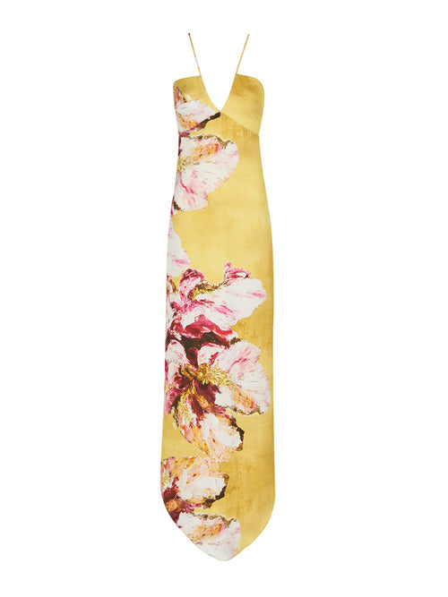 A yellow sleeveless Aisha Dress Canary Pink Flowers, with thin shoulder straps, isolated on a white background.