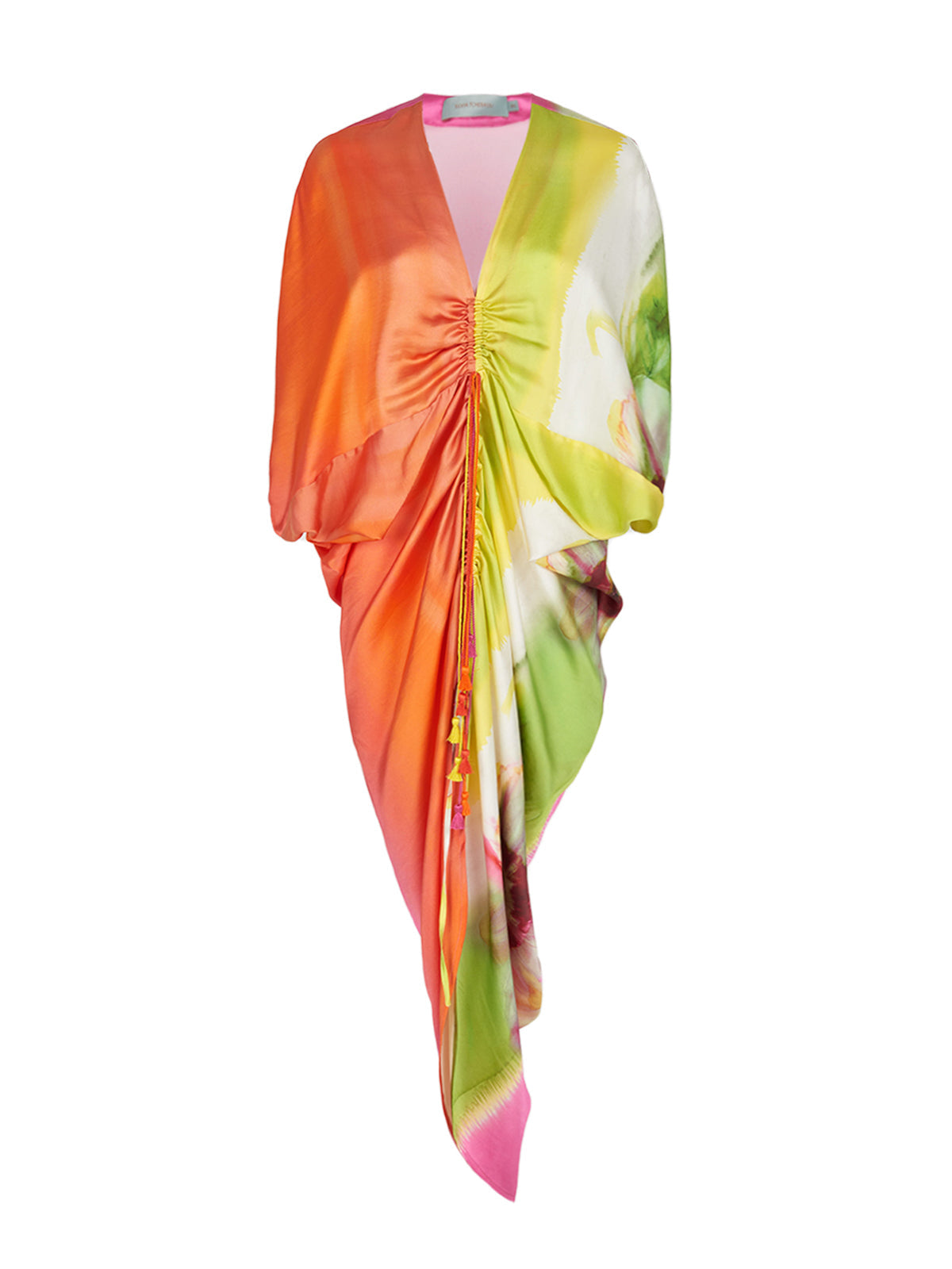 A versatile, colorful silk scarf with a Cloister Dress Floral Gradient Rainbow print on a mannequin.