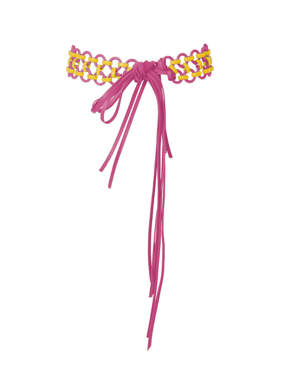 A pink and yellow Sindione Belt Fuschia / Yellow on a white background.